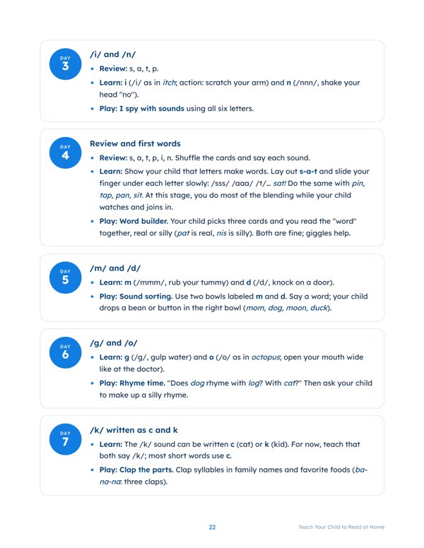 Sample page showing daily lesson cards for Days 3 to 7