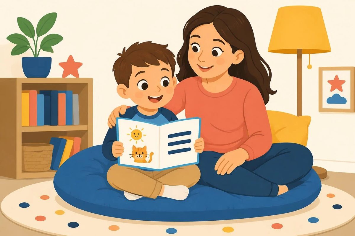 A mother and her young son reading an early-reader book together on a big blue cushion