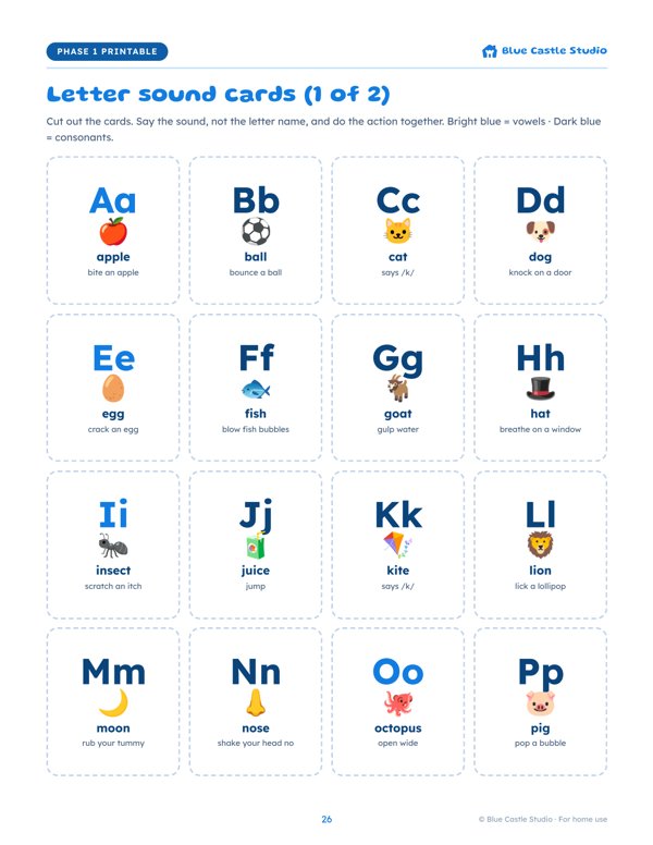 Sample printable page of letter sound cards with pictures